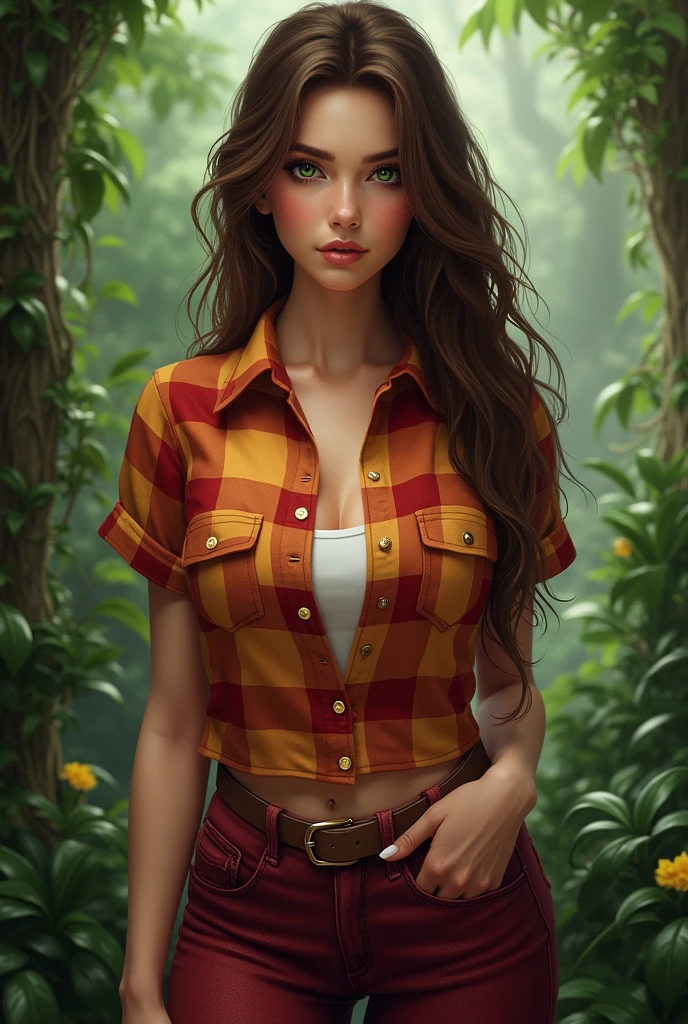 Beautiful realistic girl, brown hair, green eyes, a short-sleeve plaid button-up shirt in shades of orange, red, and yellow, white undershirt, dark red jeans, a light brown or tan belt with a simple buckle, jungle background, vines, full body, butt, bent over.