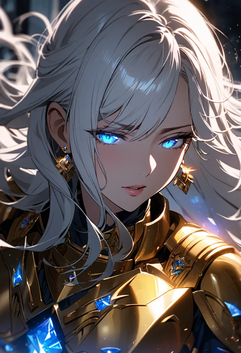 girl, blue eyes, long hair, white hair, mature, diamond earings, beautiful, holo, light aura, glowing eyes, golden armor, macro picture, half eyes