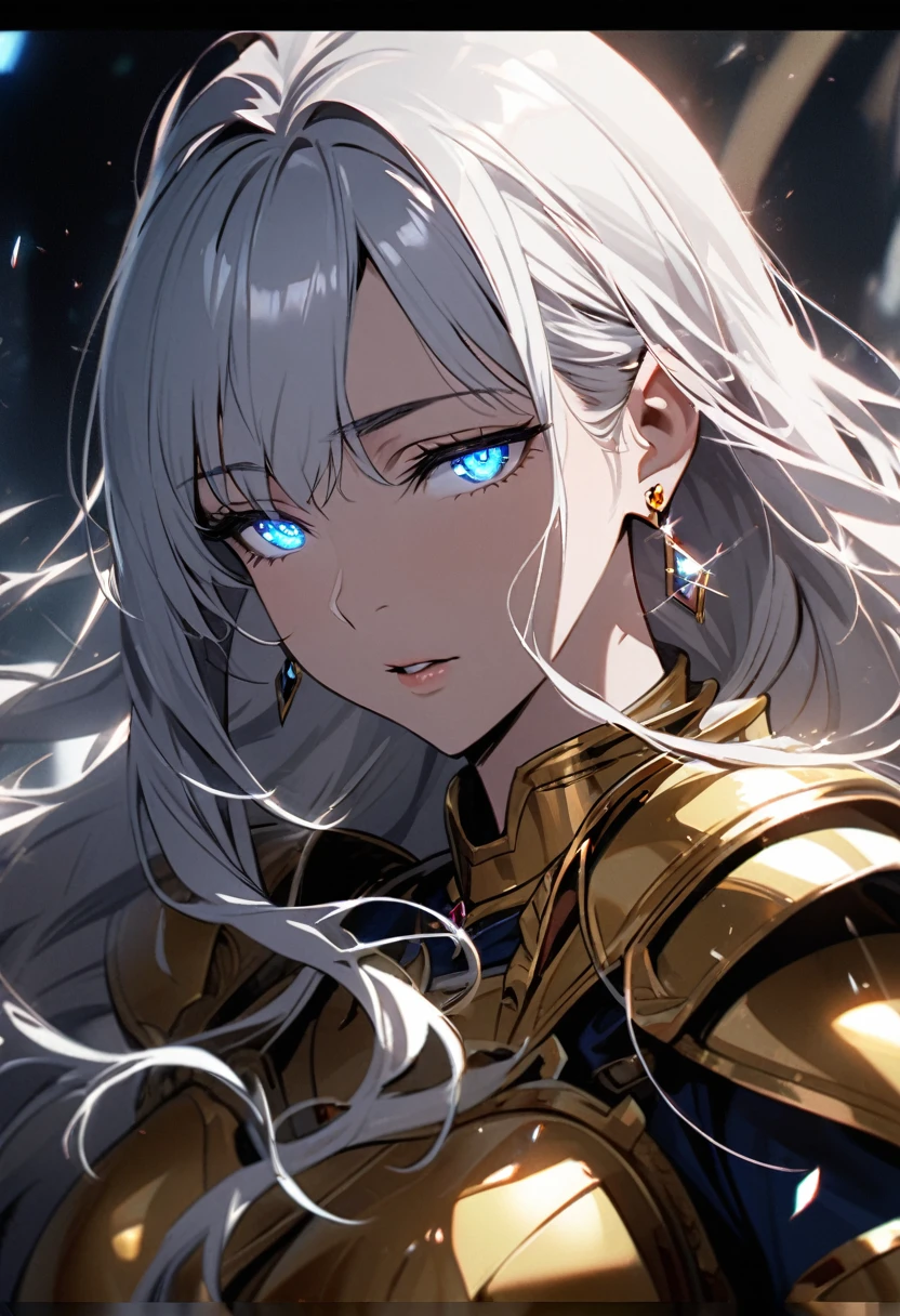 girl, blue eyes, long hair, white hair, mature, diamond earings, beautiful, holo, light aura, glowing eyes, golden armor, macro picture, half eyes