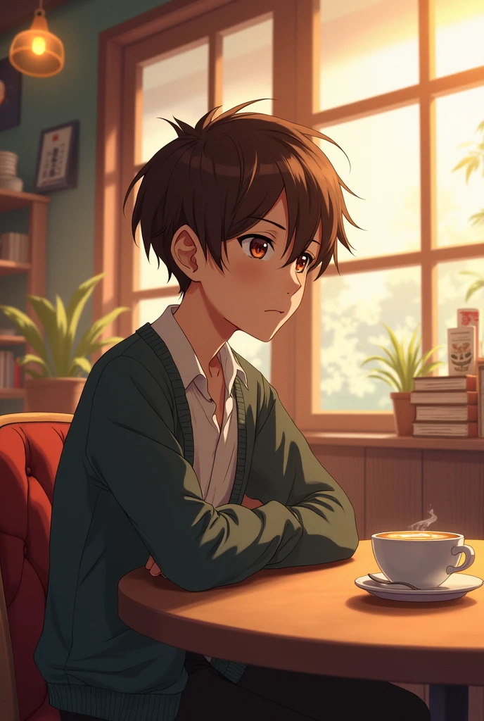 Create a Bungou Stray Dogs style character , a boy with short brown hair and brown eyes sitting in a coffee shop.