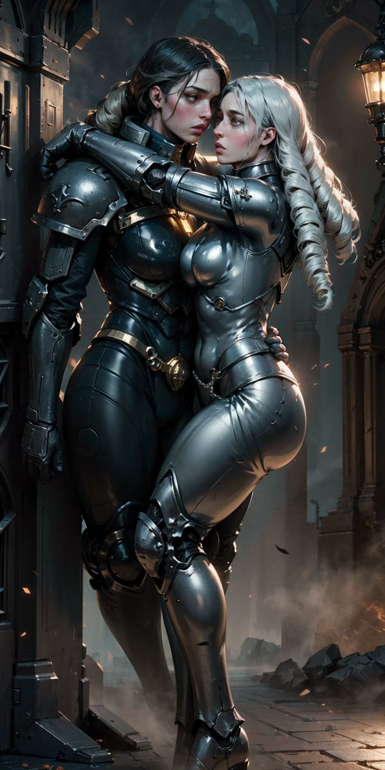 Warhammer 40K style, two female cyborgs, cyborgs kissing, embracing each other, intertwined legs, half-human half-machine, white-haired Caucasian cyborg, black-haired Black cyborg, gentle and beautiful, athletic figures, long hair flowing, submissive demeanor, minimal clothing, mechanical enhancements visible, church-like religious mural style, divine glow of the Machine God, lustrous metallic skin, intricate cybernetic details, serene faces, soft romantic lighting, ethereal ambiance, (best quality,4k,8k,highres,masterpiece:1.2),ultra-detailed,(realistic,photorealistic,photo-realistic:1.37),majestic,ornate mechanical parts,sacred atmosphere, breathtaking, rich vivid colors, ambient background, dynamic dramatic cinematic light, sharp focus, illumination, very detailed, stunning, perfect, lucky composition, creative, calm, healing, elegant, complex, highly color pleasing, illuminated, inspired, vibrant, impressive, epic, amazing, awesome, artistic, fine detail, pretty, fantastic