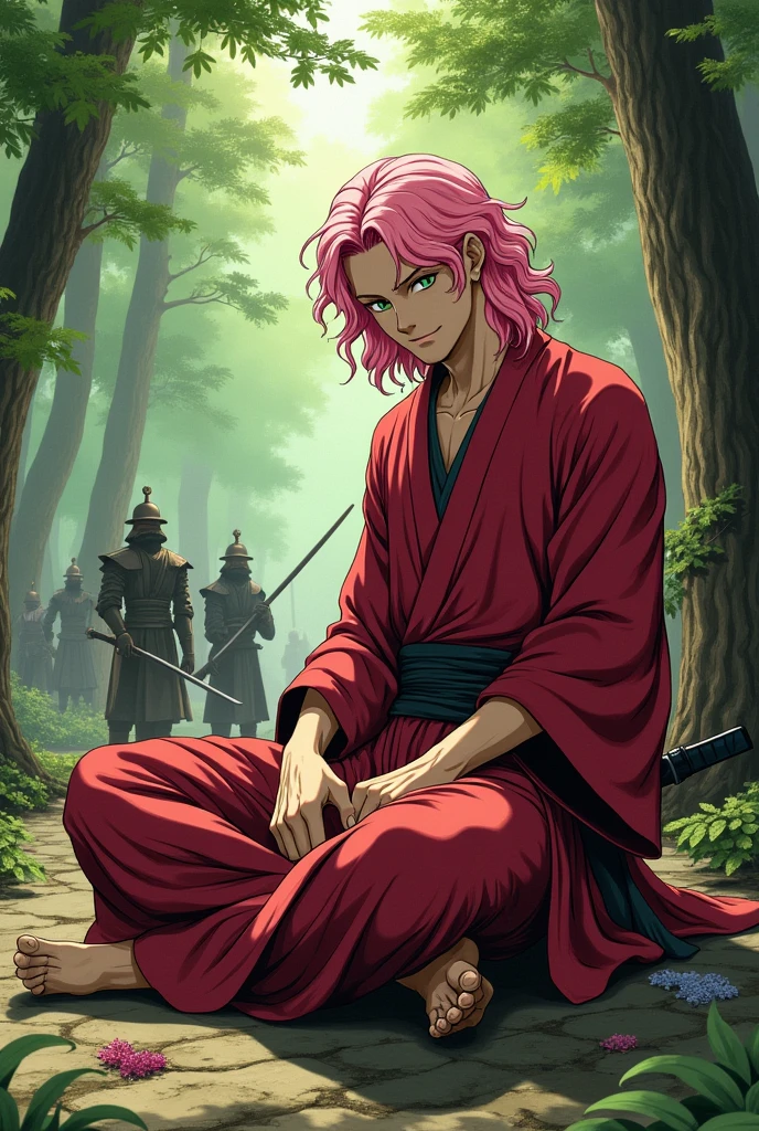 A ninja man, without mask, green eyes, pink hair, wavy hair, smiling, red tunic, holding a sword, sitting in a temple, in the forest, at noon, sunshine, warriors training in the background, by Junji Ito