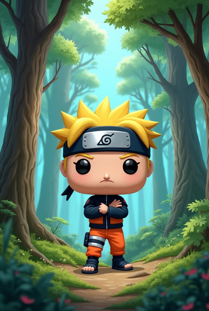 Create an image of a naruto tcg card with a forest in the background funko pop in cartoon style