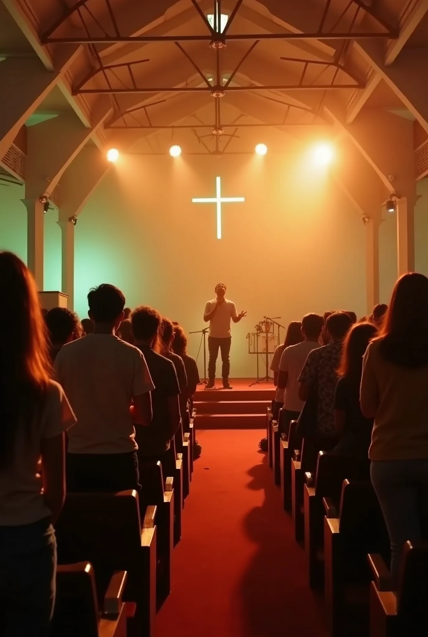 young Brazilians worshiping God, in a church where there is a stage with a gospel music band. the place is beautiful and cozy. the colors of the environment are: green vintage, sand and orange. people are scattered around the church, in the environment there is fire and glory of GOD.