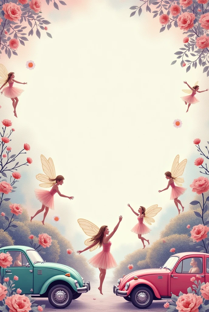cute invitation with cars and fairies 

pastel colors