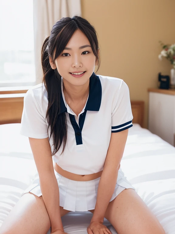 (Masterpiece, Best quality:1.4), (Ultra realistic, Photo-realistic:1.2), Full body, (kneeling:1.2), Looking at viewer, Natural light, 25 years old actress, Japanese women, (arms behind back: 1.2), Neat and clean, (White sexy tennis uniform, White short-sleeve polo shirt with darknavy line collar:1.2), (unbutton:1.3), (White tennis skirt:1.2), (Short wavy ponytail:1.2), Short wavy hair, Light brown hair color, (Beautiful Face), Oval face, clear, (Beautiful eyes, Kind eyes), (Clear skin), Small face, (Small mouth, Beautiful mouth), Natural makeup, Approachable, Luxury hotel Suite room, On bed, (nsfw:1.2), Seductive smile, (Seductive pose:1.2), (Beautiful thighs:1.1), Bedroom eyes,