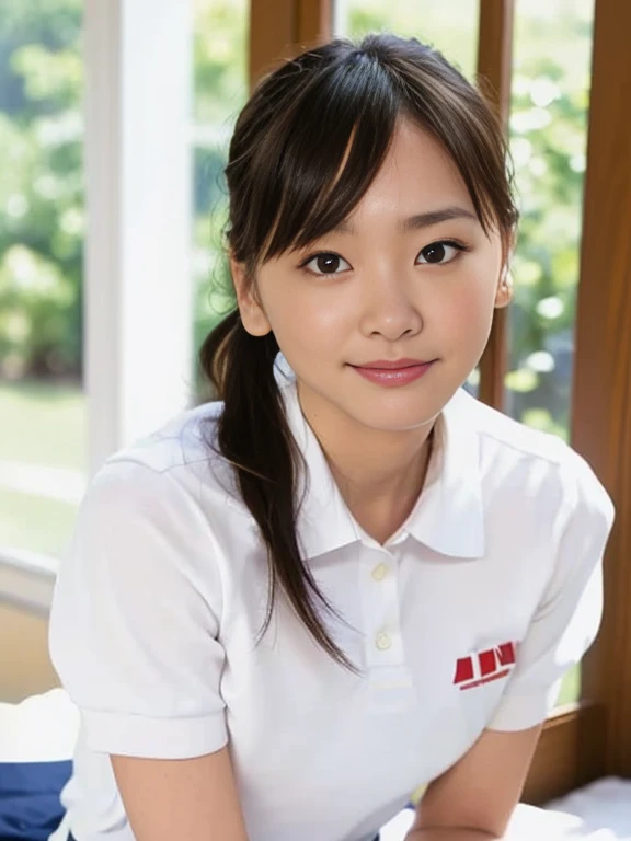 (Masterpiece, Best quality:1.4), (Ultra realistic, Photo-realistic:1.2), Full body, (kneeling:1.2), Looking at viewer, Natural light, 25 years old actress, Japanese women, (arms behind back: 1.2), Neat and clean, (White sexy tennis uniform, White short-sleeve polo shirt with darknavy line collar:1.2), (unbutton:1.3), (White tennis skirt:1.2), (Short wavy ponytail:1.2), Short wavy hair, Light brown hair color, (Beautiful Face), Oval face, clear, (Beautiful eyes, Kind eyes), (Clear skin), Small face, (Small mouth, Beautiful mouth), Natural makeup, Approachable, Luxury hotel Suite room, On bed, (nsfw:1.2), Seductive smile, (Seductive pose:1.2), (Beautiful thighs:1.1), Bedroom eyes,