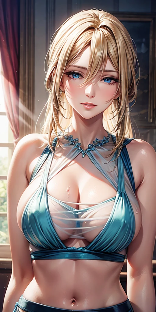 Portraiture, Elegant mature woman, blue eyes, Blonde, 4K resolution, High quality CG, Beautiful CG, Soft Light,Wet, see-through clothes,Transparent nipples