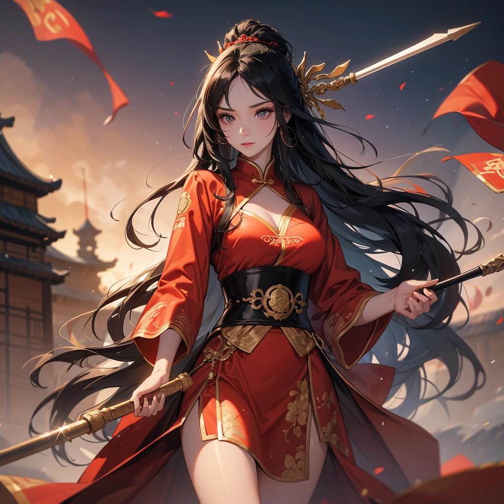 A beautiful woman with long black hair, wearing a hairpin, wearing an ancient Chinese general's outfit, holding a long spear, on the battlefield, close up.