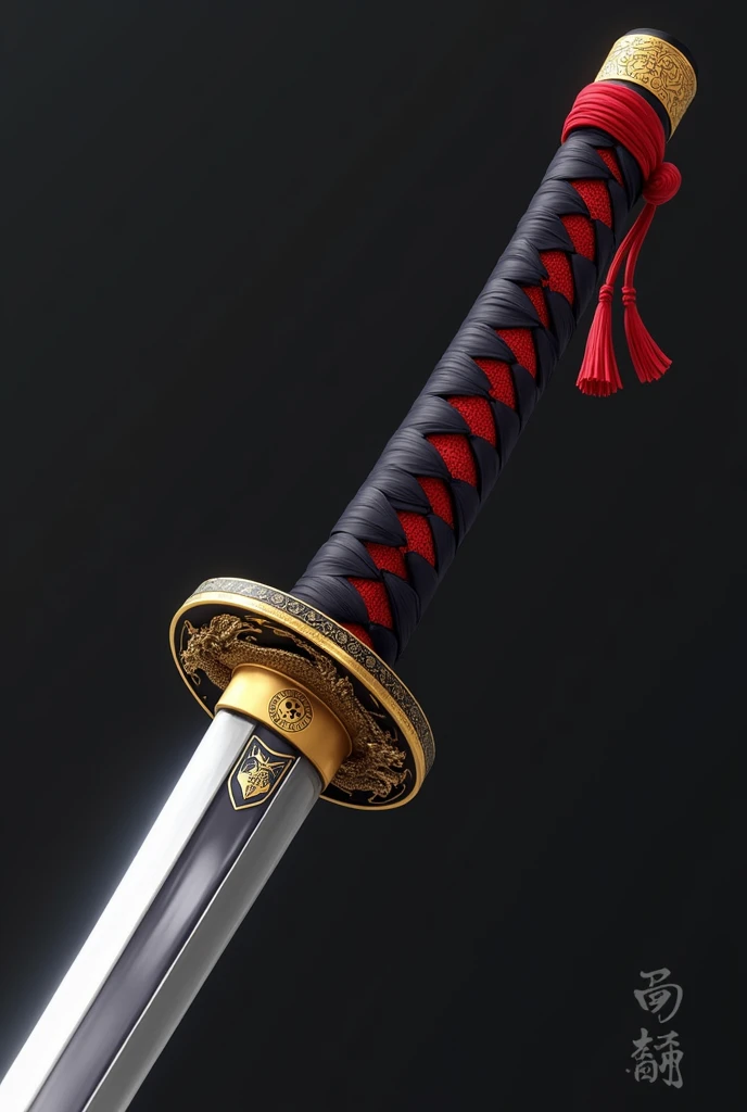 Katana Description (Anime Style):

The katana is 105 cm (41 inches) long from the tip of the blade to the end of the handle.

Handle (Tsuka): The handle is 30 cm (12 inches) long, wrapped in black leather with red diamond-shaped patterns. A red tassel is attached to a small golden cap with intricate engravings at the end of the handle. The collar (fuchi) and pommel (kashira) feature gold accents with intricate designs, adding elegance and power. The ergonomic design provides a comfortable grip.

Guard (Tsuba): The circular guard is made of blackened steel with a golden dragon coiled around the edge. The dragon's scales and claws are finely detailed, giving it a lifelike appearance. The tsuba is sturdy and perfectly balances the blade, with a slightly thicker section near the blade for enhanced protection.

Blade (Ha): The blade is 75 cm (29.5 inches) long, sleek, and slightly curved, typical of a traditional katana. The polished steel has a mirror finish with a prominent, faintly glowing hamon (temper line), showcasing superior craftsmanship. The blade tapers to a razor-sharp point.

Dial: Just above the tsuba, embedded in the blade, is a small circular dial with 12 inscribed numbers. The dial is set on 11, highlighted with a skull symbol, giving the katana a mystical aura.

Scabbard (Saya): The black lacquered scabbard has red accents and golden dragon designs running along its length, matching the dragon on the tsuba. The mouth of the saya (koiguchi) is reinforced with gold plating to ensure smooth drawing of the blade without damaging its edge.

Art Style: The katana should be depicted in a detailed anime style.