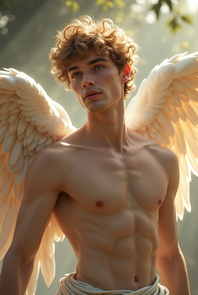 The god Himeros, in Greek mythology, is one of the deities associated with love, often described as a young and beautiful god, symbolizing desire and passion. He is generally represented as a young boy with a graceful and attractive appearance, with a slender and delicate body, highlighting his sensual nature. Their hair is often short and curly, golden or light brown, reflecting a youthful and charming appearance. His eyes are large and expressive, conveying the intensity of desire. Himeros is often shown winged, like Eros (Cupid), with delicate wings that reinforce his ethereal and agile nature. He may be portrayed with props such as a quiver of arrows, which symbolize the power to incite desire in others. His expression is generally soft, with a subtle smile, suggesting the seduction and love impulse he represents.