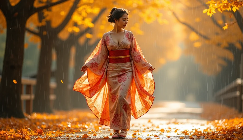 beautiful Japanese woman with big breasts in a revealing kimono, autumn, autumn yellow leaves falling, strong wind, raindrops, walking slowly, beautiful shoes, legs visible