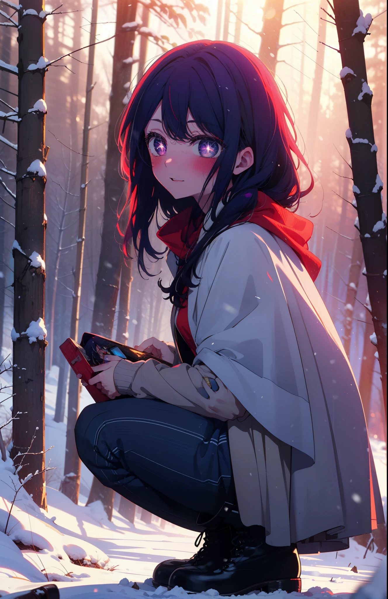 aihoshino, Ai Hoshino, Long Hair, bangs, (Purple eyes:1.1), Purple Hair, (Symbol-shaped pupil:1.5), smile,,smile,blush,white breath,
Open your mouth,snow,Ground bonfire, Outdoor, boots, snowing, From the side, wood, suitcase, Cape, Blurred, , forest, White handbag, nature,  Squat, Mouth closed, Cape, winter, Written boundary depth, Black shoes, red Cape break looking at viewer, Upper Body, whole body, break Outdoor, forest, nature, break (masterpiece:1.2), Highest quality, High resolution, unity 8k wallpaper, (shape:0.8), (Beautiful and beautiful eyes:1.6), Highly detailed face, Perfect lighting, Highly detailed CG, (Perfect hands, Perfect Anatomy),