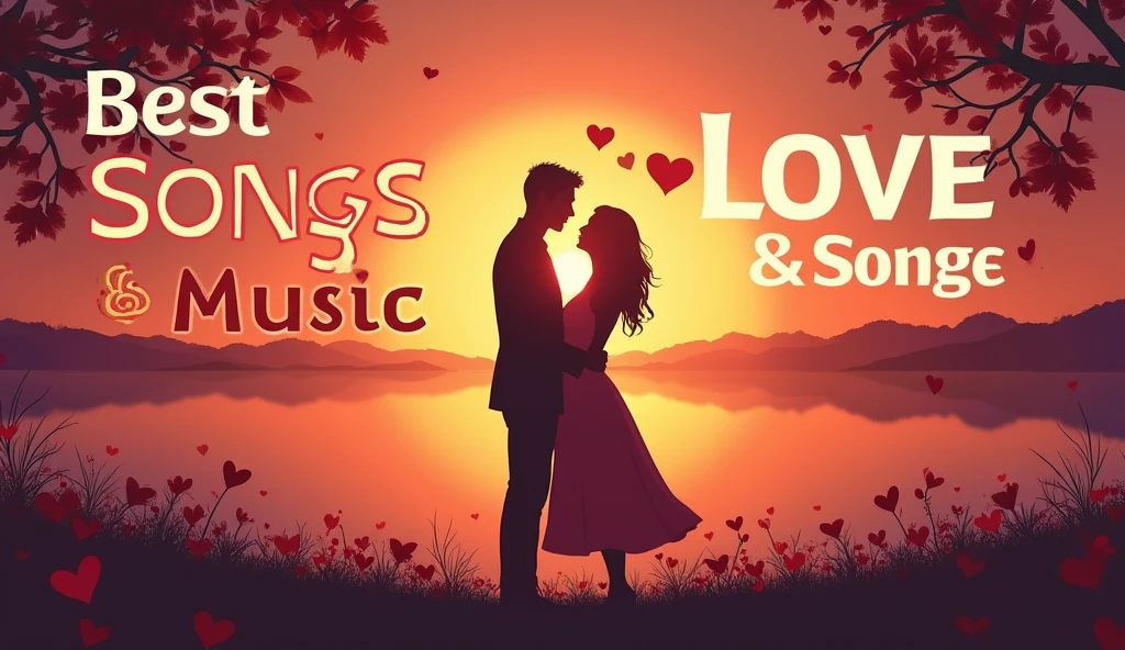 "Create a captivating YouTube thumbnail for a love songs playlist. Feature romantic imagery like hearts, couples, or sunset scenes, with bold text that reads 'Best Love Songs & Music.' Use warm, inviting colors to evoke a romantic atmosphere and attract viewers."