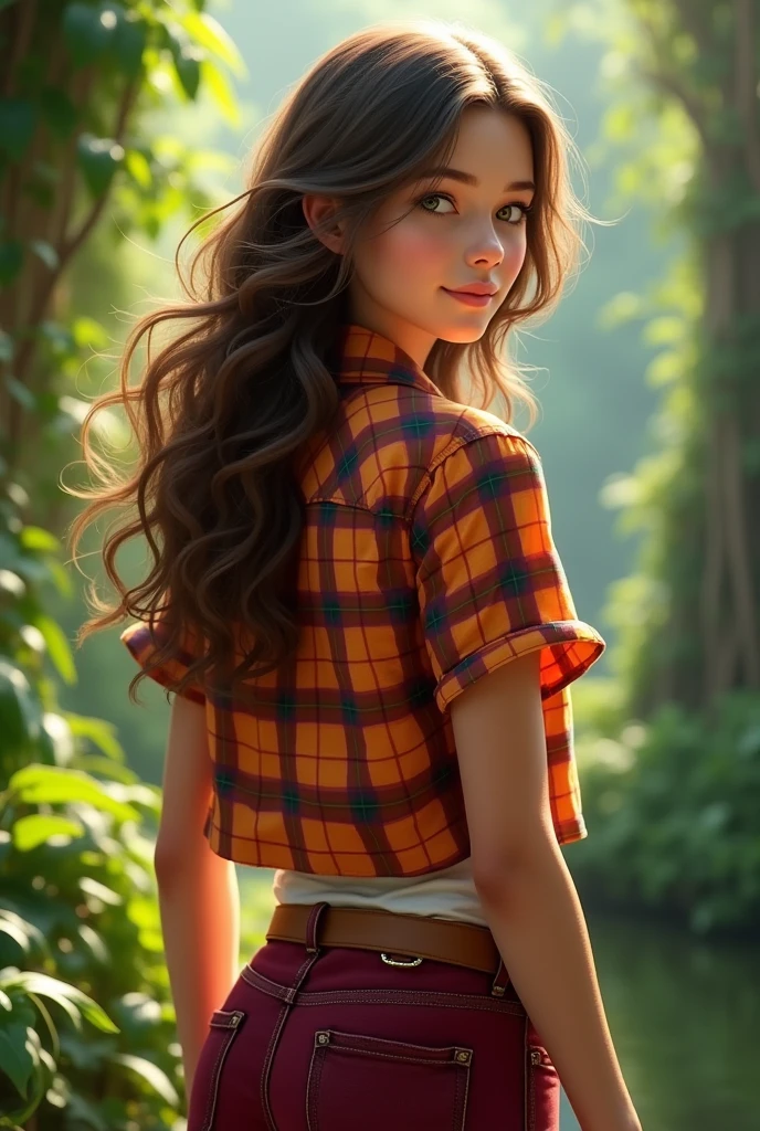 Beautiful realistic girl, brown hair, green eyes, a short-sleeve plaid button-up shirt in shades of orange, red, and yellow, white undershirt, dark red jeans, a light brown or tan belt with a simple buckle, jungle background, vines, full body, backside. 