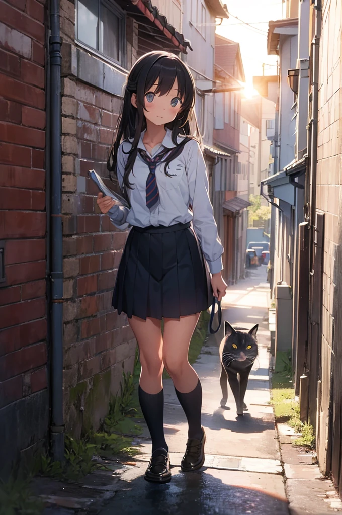 one girl in school uniform with a standing grey cat from the ground, alleyway, sunset, 50mm lens