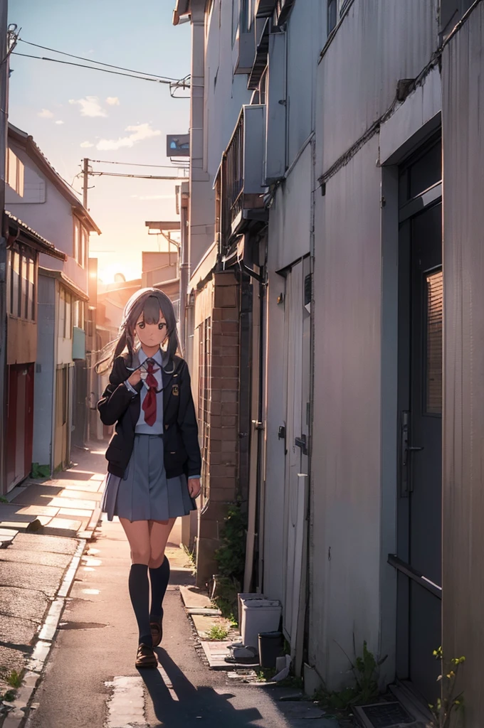 one girl in school uniform with a standing grey cat from the ground, alleyway, sunset, 50mm lens