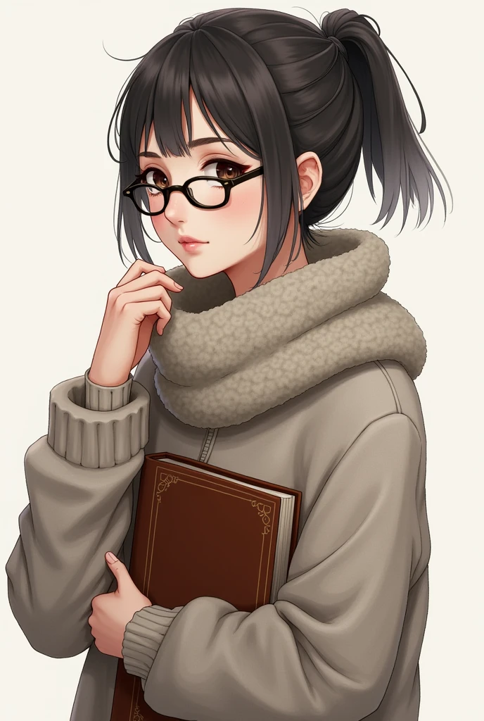 A beautiful girl wearing woollen sweater,with short ponytail, wearing glasses, without earings, with one tin leg with a leather book in her hand, wearing a woollen muffler