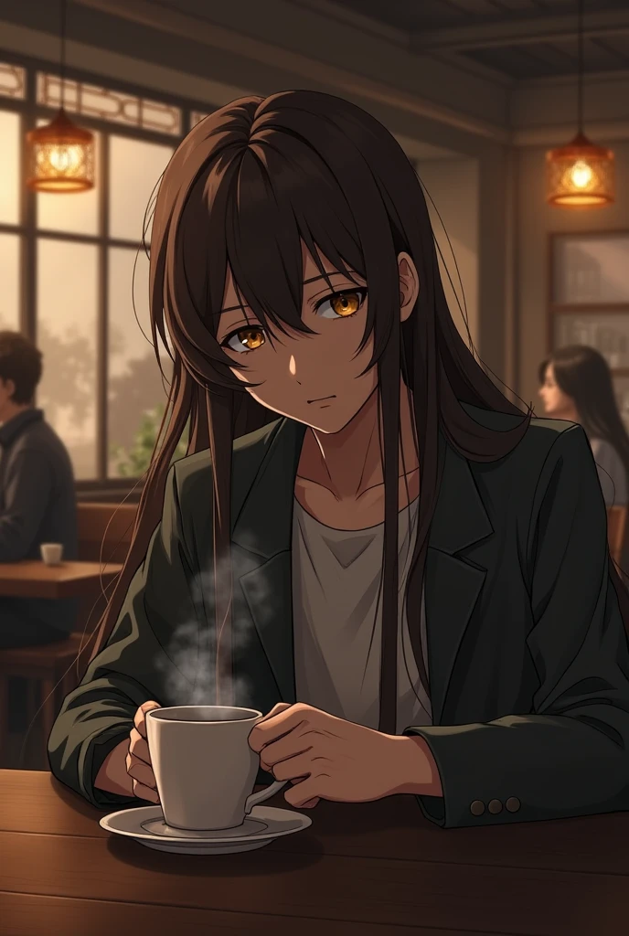 Create a Bungou Stray Dogs style character , a boy with long brown hair down to the nape of his neck and eyes of the same color sitting in a coffee shop.