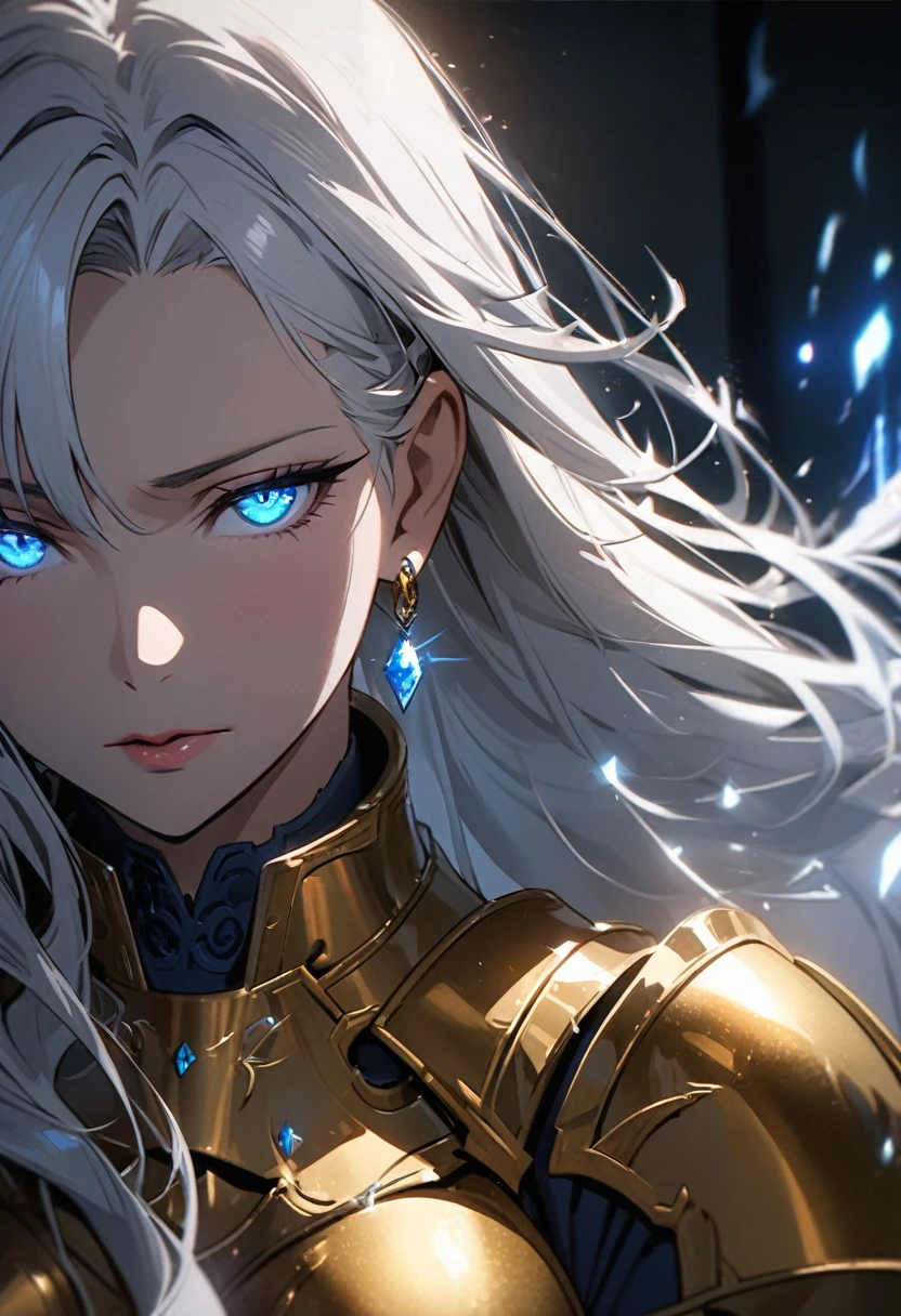 girl, blue eyes, long hair, white hair, mature, diamond earings, beautiful, holo, light aura, glowing eyes, golden armor, macro picture, half eyes