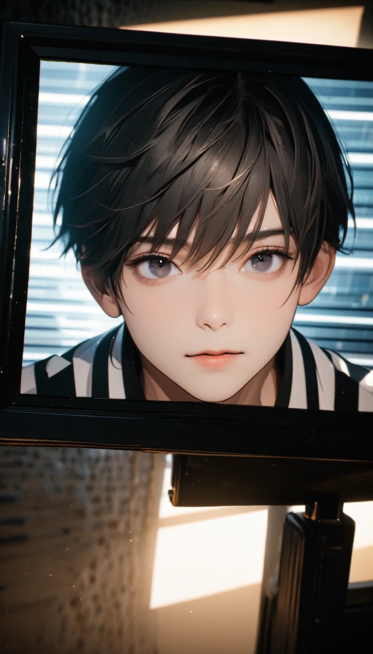 (8k, 2d photo, best quality, masterpiece: 1.4), (((Boy examining himself))),Ultra-high resolution, Extremely detailed, Dim Lights, Upper body close-up, handsome boy, black eyes, (delicate eyes, Eyes are bright:1.2), Gray short hair, Fair skin,dark, Black and white striped prison uniform,Black and white striped prison pants,(perfect anatomy:1.2), High-quality shadows, Natural Lighting, (White highlights:1.2), night, cloudy day, (Dimly lit cells:1.2), (Metal walls all around:1.2)
