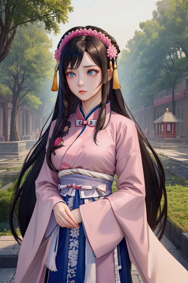 (Highest quality、 8k 、masterpiece、High resolution)、(Chinese Drama、Changgexing、Li Changge、Dililaba)、Tang Dynasty、Changan、1 Female、Beautiful young person、blue eyes、Pretty lips、(Anime Beauty)、(Anime Art)、A single tear、Light colored long hair、Light pink Hanfu、Twilight Forest、古いChanganの街並み、Official Art、Detailed CG、