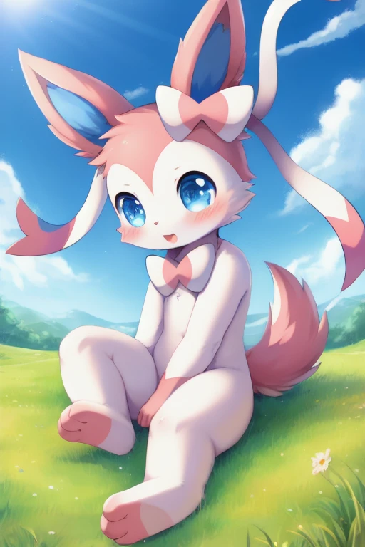 Sylveon, anthro, young, feets whit three toes, detailed body fur, detailed face, detailed eyes, glistering body, shiny body, gorgeous body, masterpiece, high quality, anime style, full body, :3, field, clear sky, sitting, cute, blush, mouth open con senos y vagina haciendo sexo oral a un hombre
