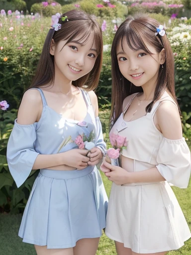 Japanese female, (underweight), (flat chest best quality:1.5), 30-year-old, (cheerful grin:1.5),
flower garden, ((2 girls,twins:1.3)), cheerful, standing, flipped hair, (cold-shoulder sleeves,shirts,white mini skirt,thighs), Japanese idol, in the flower garden, blue sky and shining lights, calm atmosphere, cowboy shot, low angle shot