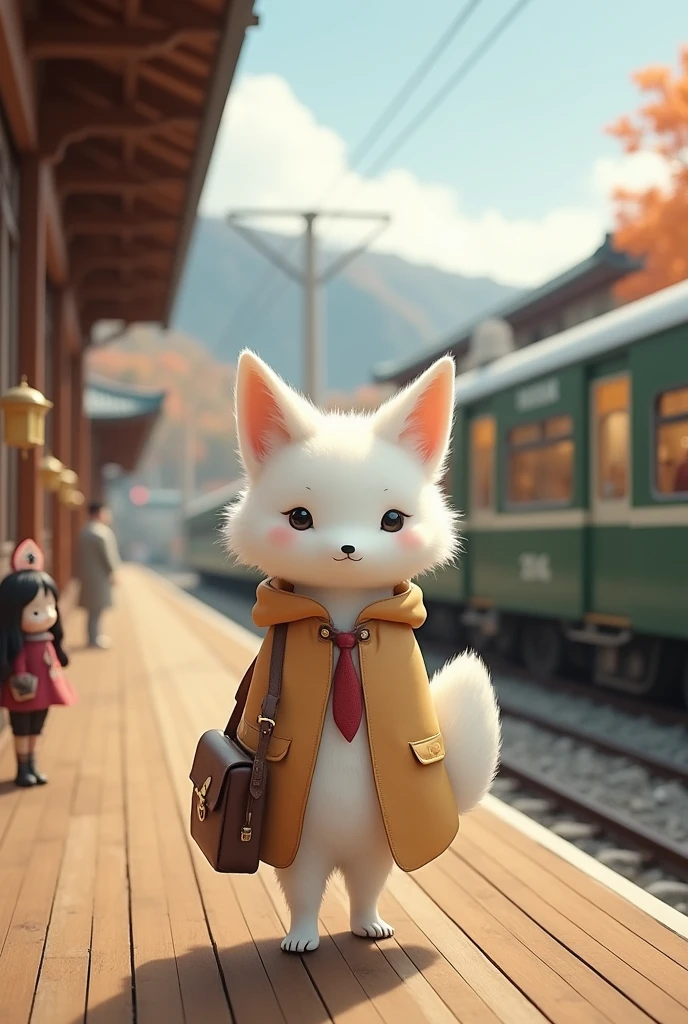 35mm lens，Adult white fox，permanent，toy doll，Carrying a small school bag，Japanese style，tram，Hokkaido，Autumn Station，Wooden house，platform， cloak,Ruan Jia,Set,tie，Little white fox, (Delicate face), (Fine hairs)