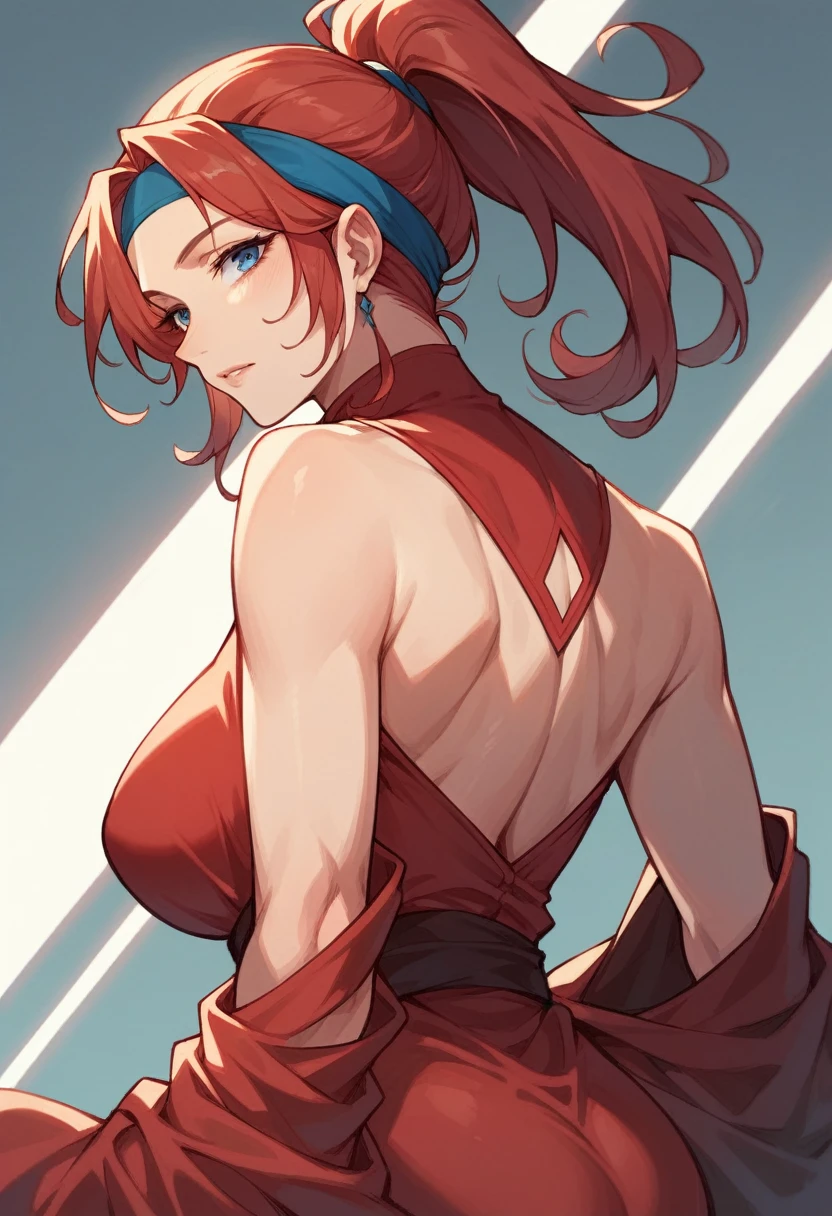 mature Woman,, blue eyes, red Ponytail, long Red dress with blue and white lines on the sides,headband blue,medium ass, 90's anime style
