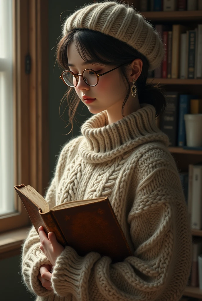 A beautiful girl wearing woollen sweater,with short ponytail, wearing glasses, without earings, with one tin leg with a leather book in her hand, wearing a woollen cap at home