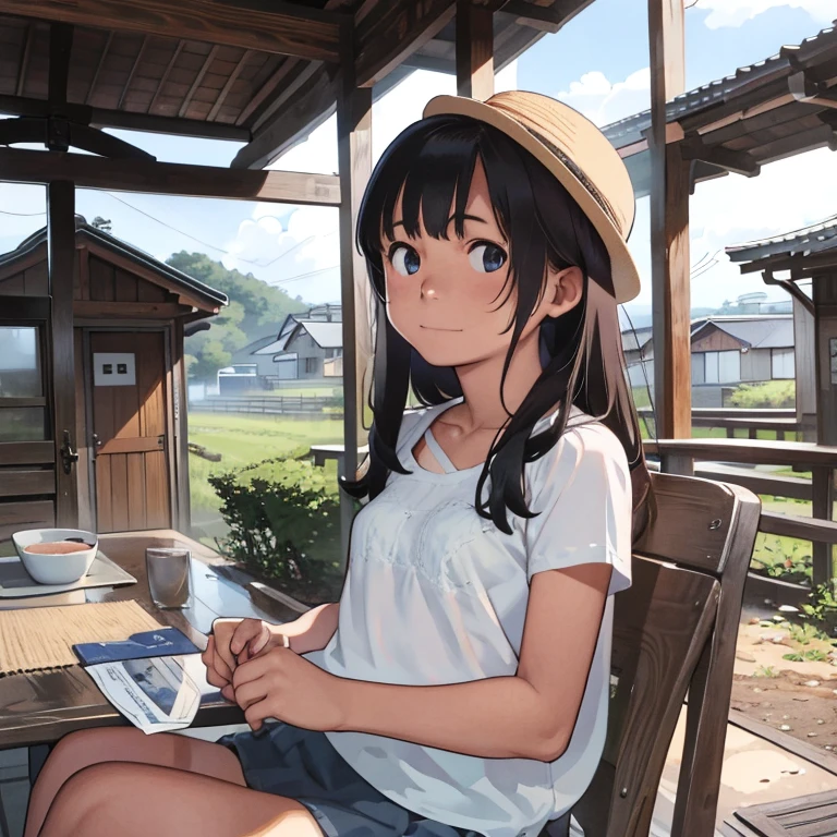 One Girl、、Healthy girl、Summer sun、cumulonimbus、Bluky、Japanese countryside、Rural Station、Old station building、誰もいない駅でOne Girlが電車を待っている、Sitting on a chair at home、The girl is looking up at the sky and smiling、Slender, small breast, Cleavage, Sr Bare、Tnd short andals、Straw hat