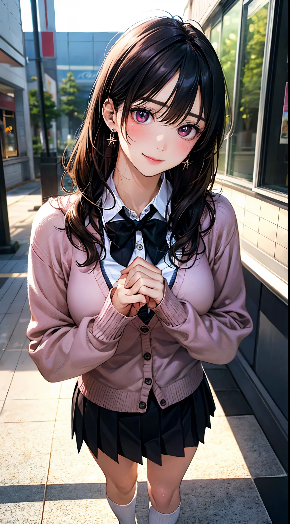 (masterpiece:1.2, highest quality), (realistic photo:1.4), beautiful illustrations, (natural side lighting, movie lighting), 
looking at the viewer, 1 girl, japanese, high school girl, perfect face, cute symmetrical face, shiny skin, baby face, 
(long hair, straight hair, dark red headband, black hair), hair between eyes, maroon eye idol chest, seductive thighs, big ass), earrings, 
beautiful hair, beautiful face, detailed and beautiful eyes, beautiful clavicle, beautiful body, beautiful breasts, beautiful thighs, beautiful feet, beautiful fingers, 
((white collared shirt, long sleeve pink knit cardigan, black pleated mini skirt, dark red flat bow tie), ), 
(beautiful scenery), evening, (shopping mall), walk, (cute smile, upper eye)
