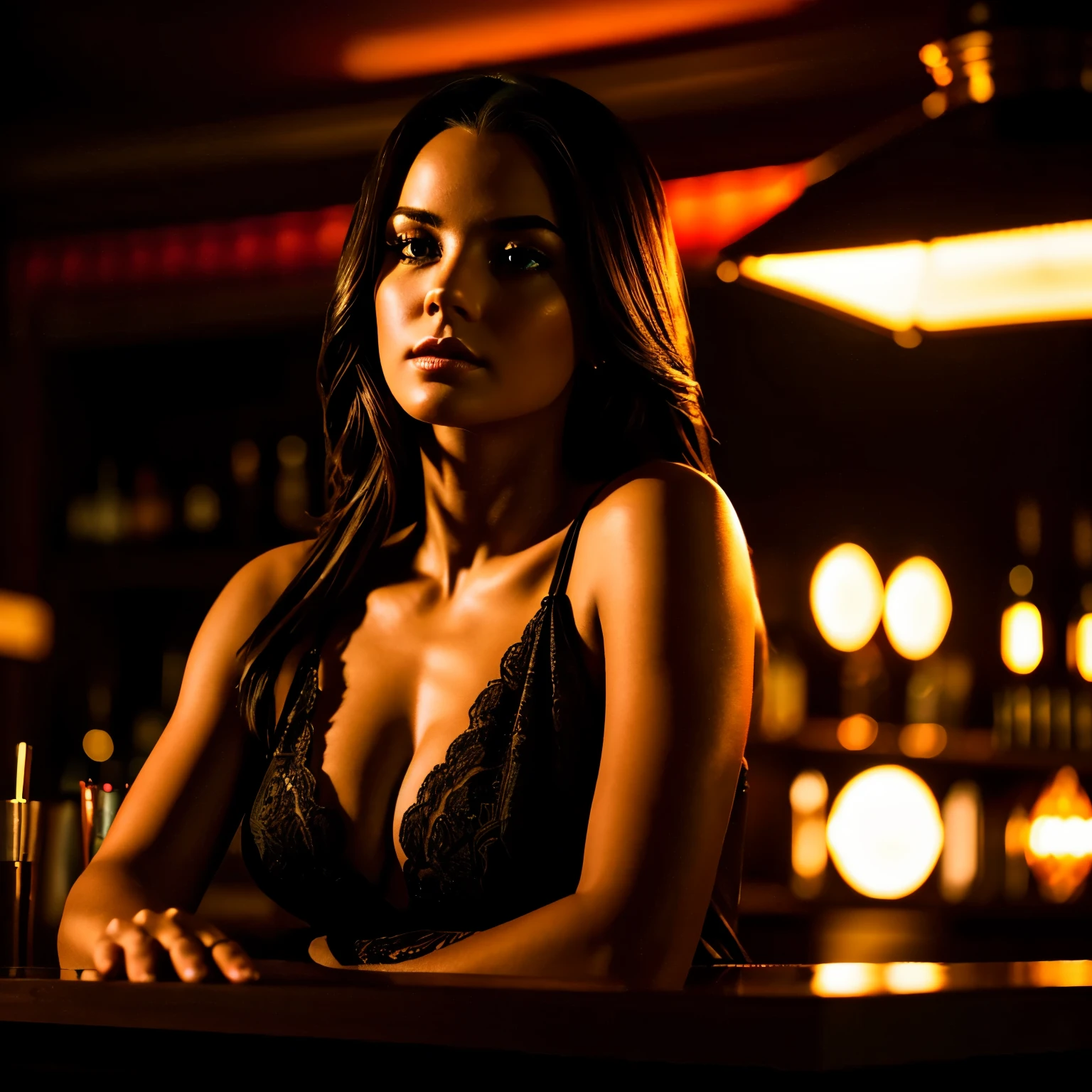 1 female bartender at an elegant gentleman's club, beautiful detailed eyes, beautiful detailed lips, extremely detailed face and hair, bartender uniform, fancy bar counter, dimly lit lounge, neon sign, moody lighting, cinematic composition, photorealistic, hyper detailed, (best quality,8k,highres,masterpiece:1.2),ultra-detailed,(realistic,photorealistic,photo-realistic:1.37),cinematic lighting,dramatic shadows,warm color tones,chiaroscuro