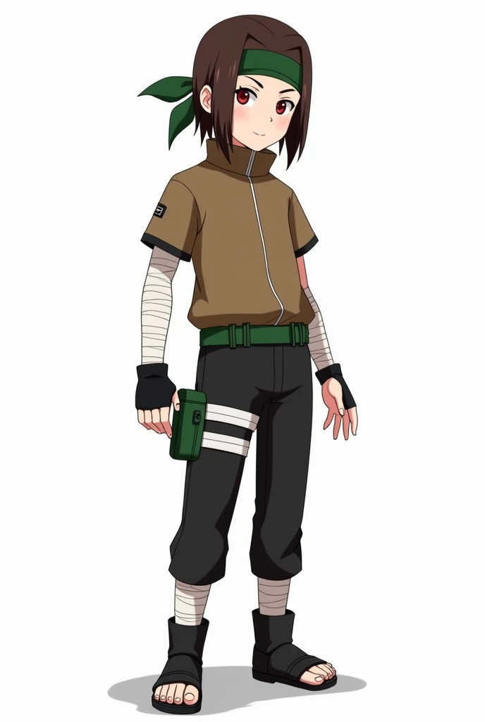 Naruto Style, Whole body, man, Short brown hair, red eyes, green bandana, Brown short sleeve jacket, bandages on the arms, black fingerless gloves, black pants, green ribbon on her waist, anime, 4k, White background