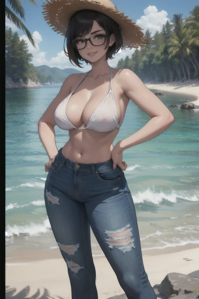 tomboy, solo, (very short hair, pixie cut, brown hair), circle-glasses, cute girl, perfect female body, big breasts, cleavage, toned stomach, beautiful limbs, straw hat, white open Shirt, black bikini top, Distressed jeans short pants, She is posing as a model with her hands on her hips., coastal, Sunset, big smile, UHD, masterpiece, anatomically correct, textured skin, high details, high quality,
