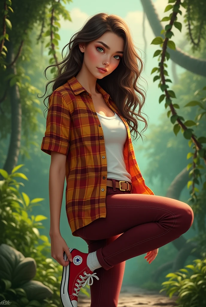 Beautiful realistic girl, brown hair, green eyes, a short-sleeve plaid button-up shirt in shades of orange, red, and yellow, white undershirt, dark red jeans, a light brown or tan belt with a simple buckle, jungle background, vines, full body, backside, red high top converse shoes, one leg up, white socks. 