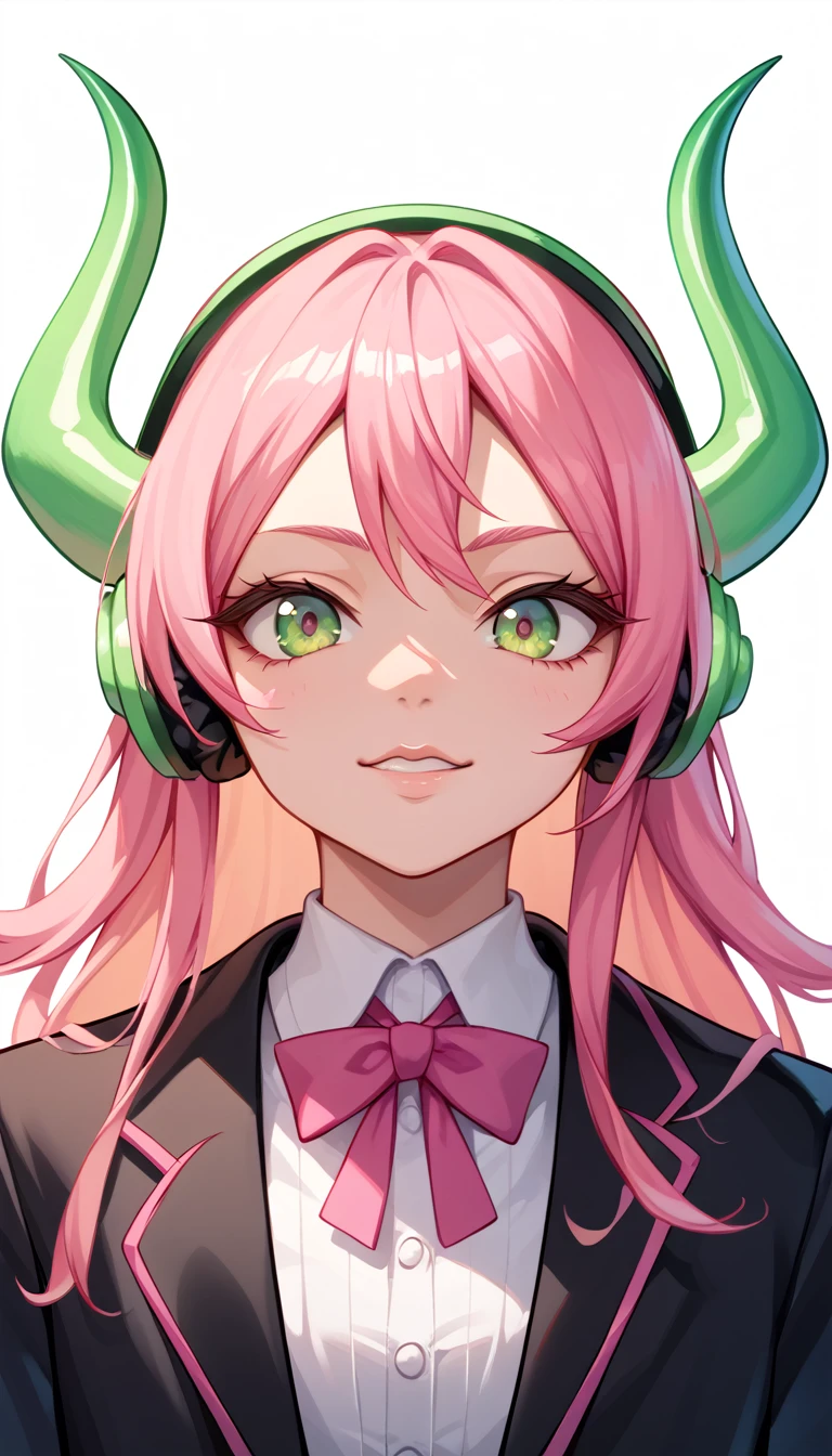 Young woman, Upper body, big head, Bright Pink Hair, acid green headphones, acid green horns, Black clothes, simple background
