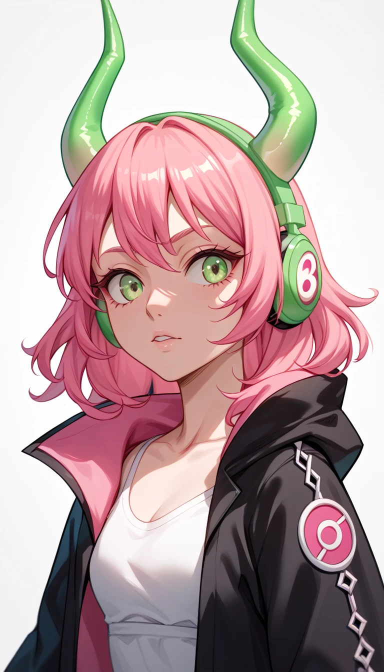 Young woman, Upper body, big head, Bright Pink Hair, acid green headphones, acid green horns, Black clothes, simple background