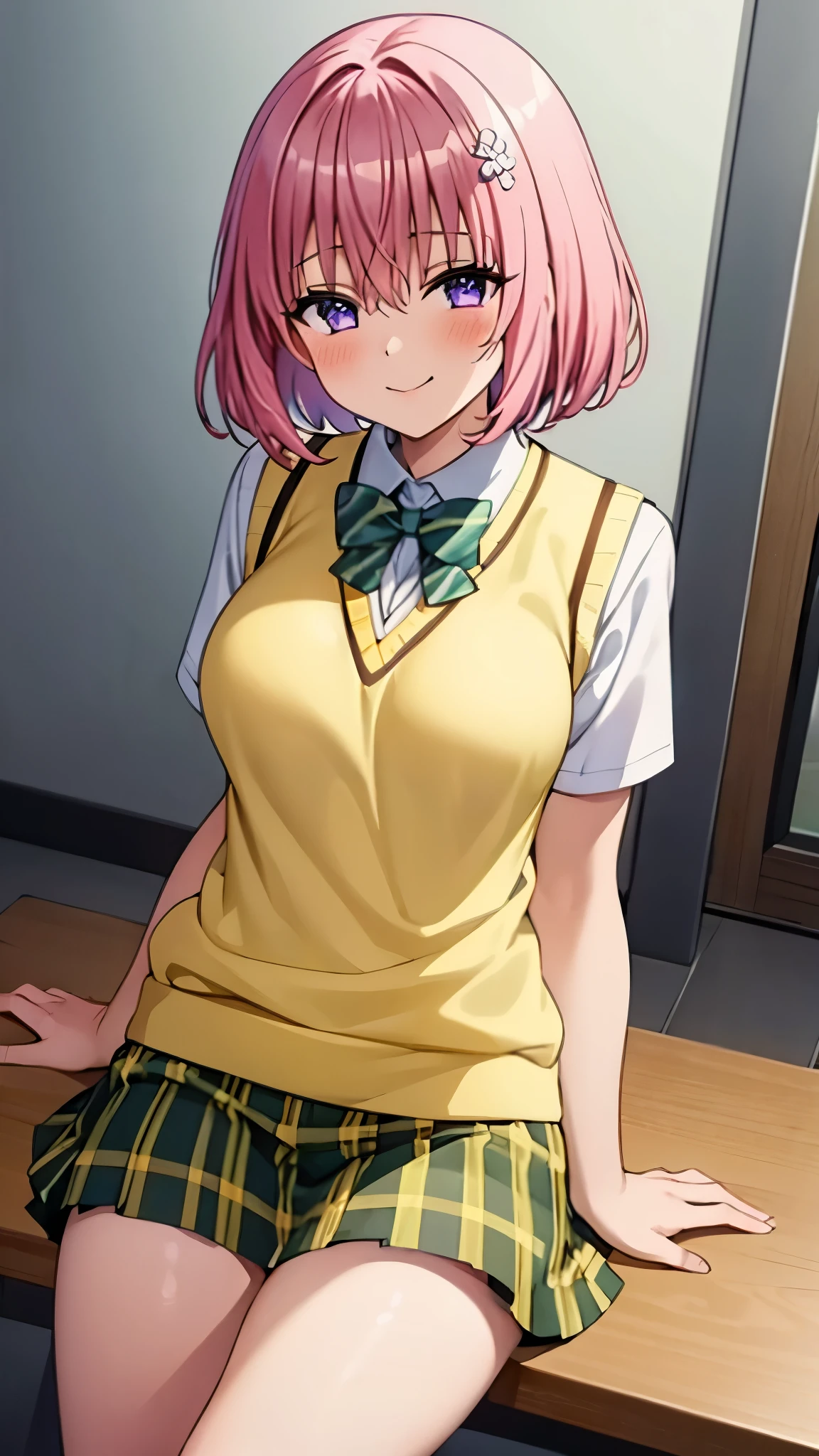 8k,Highest,quality,(highest quality:1.1), (masterpiece:1.4), (Confused:1.0),
1 girl, Momo Deviluke, hair ornaments, Bobcut, Short Hair Pink Hair, Purple eyes, Medium chest, green skirt, Plaid, Plaid skirt, sainan high school uniform, skirt, Sweater vest, Knee socks, (Yellow Sweater:1.5), Short sleeve,classroom, (blush:1.2), smile,(Perfect Fingers),mesugaki,