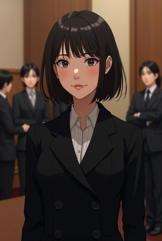 An Japanese politician young beauty woman dress an black coat in the political meeting without smile 