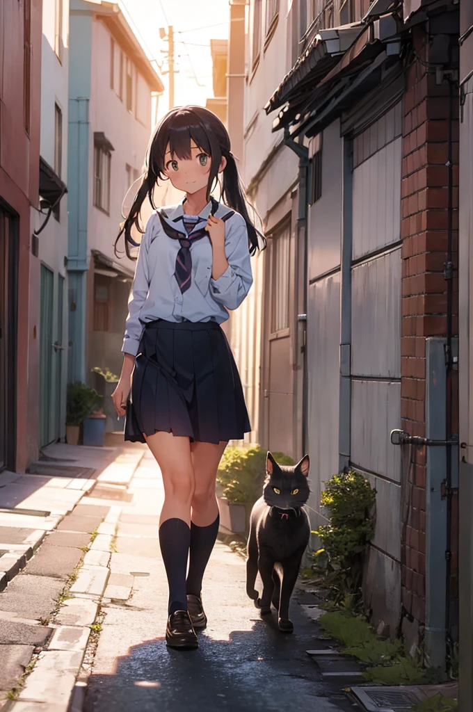 one girl in school uniform with a standing grey cat from the ground, alleyway, sunset, 50mm lens