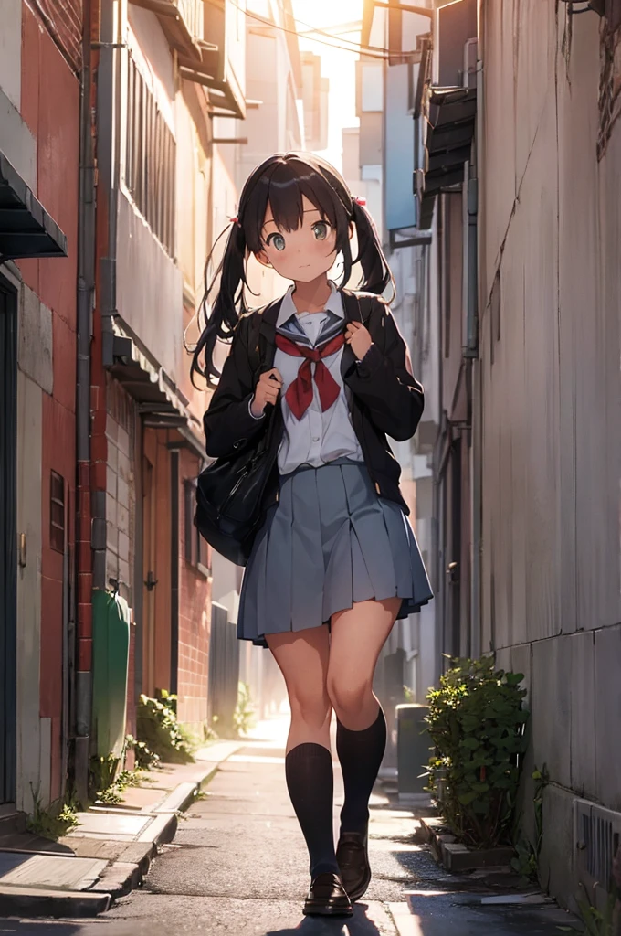 one girl in school uniform with a standing grey cat from the ground, alleyway, sunset, 50mm lens