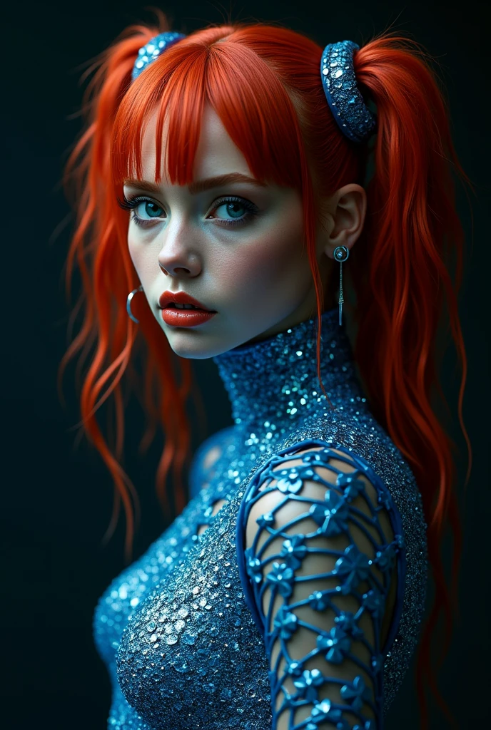 Red-haired snake woman,with blue shiny chain outfit and pigtails hairstyle,black backdrop,full body body