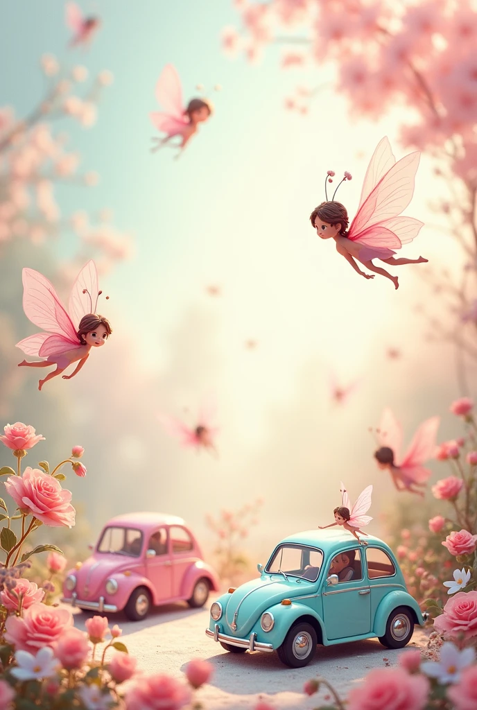 cute invitation with cars and fairies pastel colors only and small cars and fairies