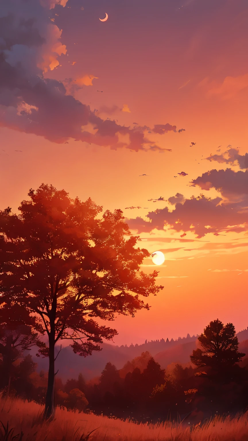 there is a picture of a sky with a few stars in it, dark orange night sky, ☁🌪🌙👩🏾, orange / pink sky, orange clouds, orange skies, aesthetic clouds in the sky, forest and moon, 🌲🌌, orange lit sky, red clouds, sunset sky, orange and red sky, the sky is a faint misty red hue)