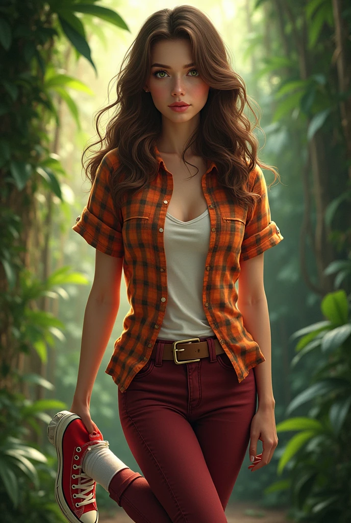 Beautiful realistic girl, brown hair, green eyes, a short-sleeve plaid button-up shirt in shades of orange, red, and yellow, white undershirt, dark red jeans, a light brown or tan belt with a simple buckle, jungle background, vines, full body, backside, red high top converse shoes, one leg up, white socks. 