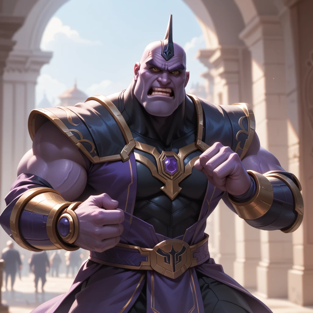 Donald Trump in a triumphant pose, He is portraying villain Thanos, wearing the Infinity gauntlet