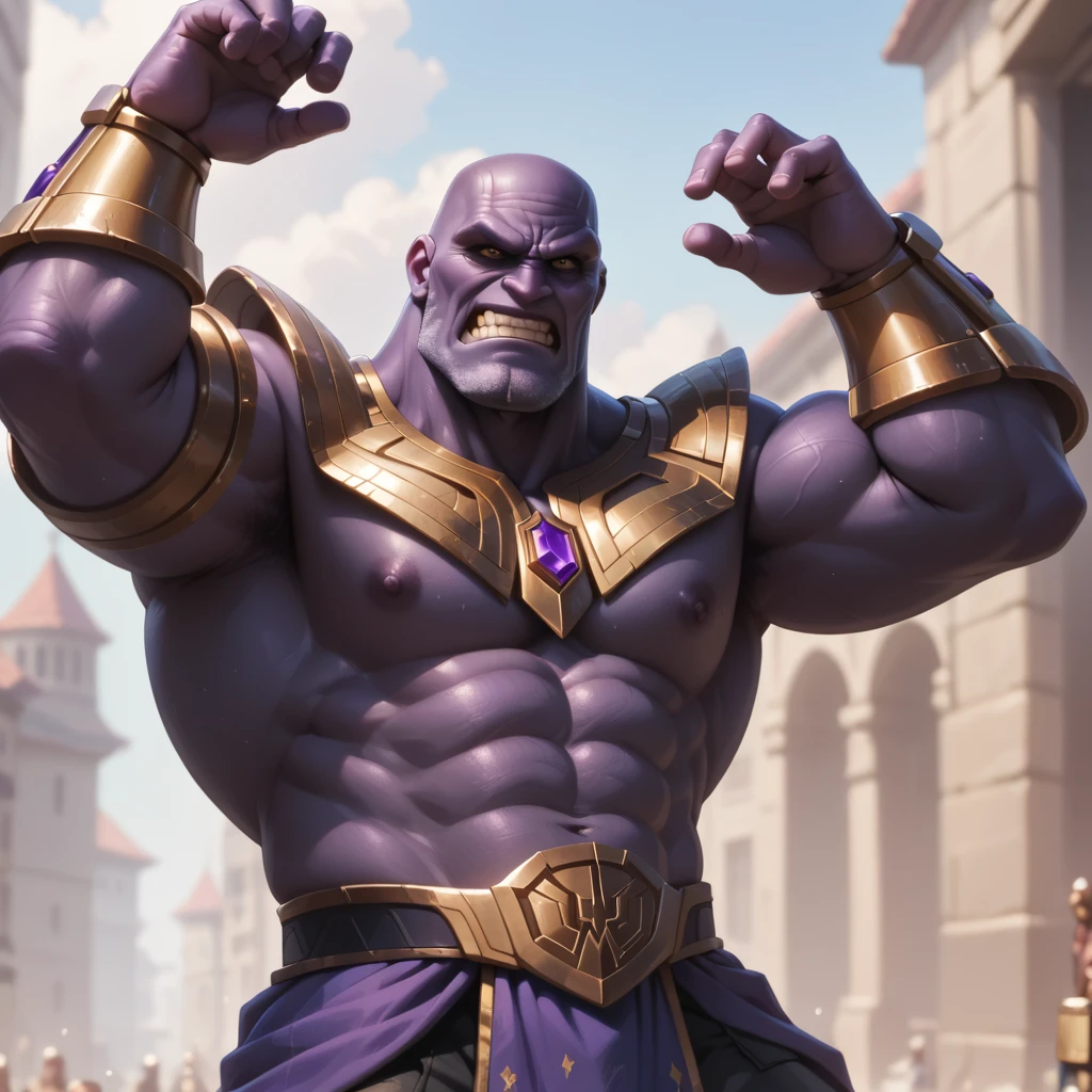 Donald Trump in a triumphant pose, He is portraying villain Thanos, wearing the Infinity gauntlet