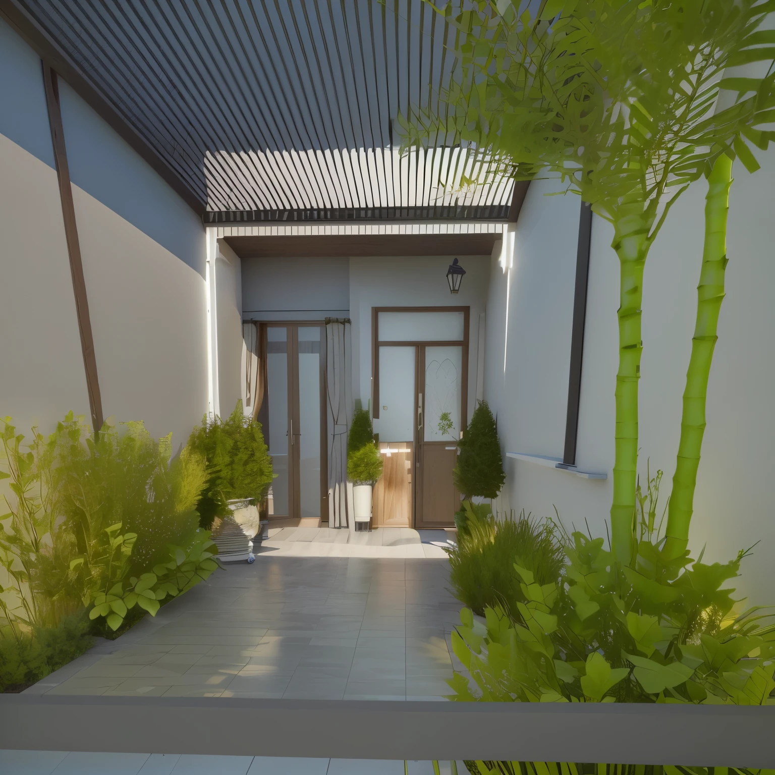 il y a une  cour avec une porte et une jardinière, design extérieur, Rendu 3D, rendu 3D, dans le style du rendu 3D, rendu en vray, rendu 3D, maison conceptuelle, vue 3d render, rendu dimétrique à faible angle, rendu architectural 3D, rendu 3D très détaillé, rendu 3D très détaillé, high quality, beautiful home, ceiling light, wall light